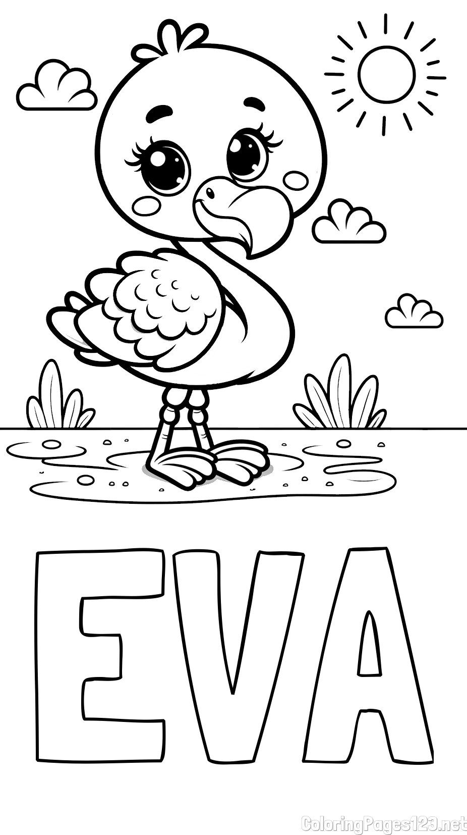 EVA Coloring Page alongside Easy Coloring Page of a Cute Flamingo