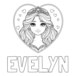 EVELYN Coloring Page alongside Coloring Page of a Smiling Princess with Big Eyes in a Heart