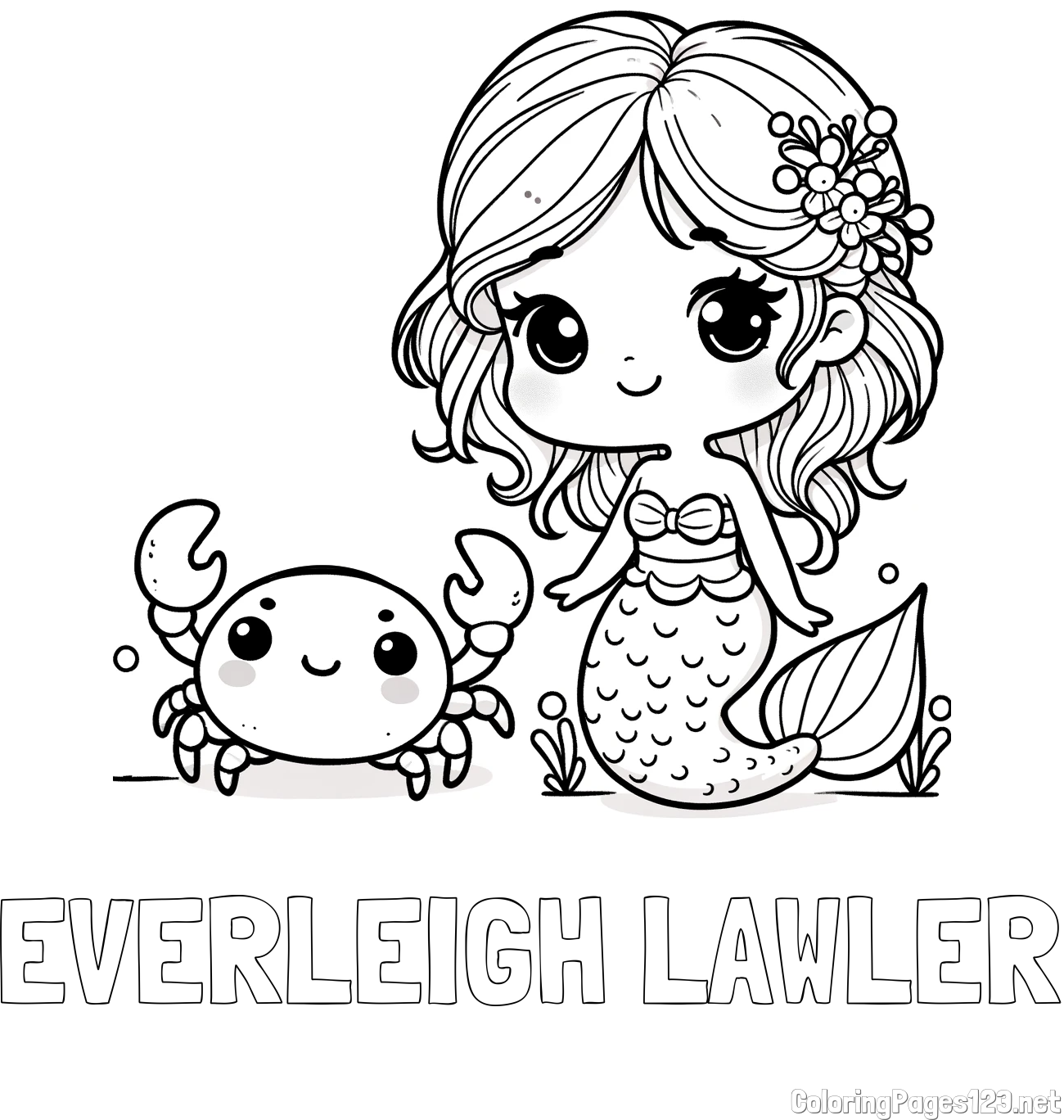 EVERLEIGH LAWLER Coloring Page and Coloring Page of a Cute Mermaid and a Cheerful Crab