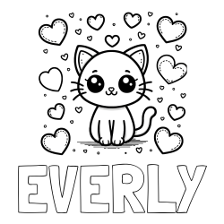 Online Created Coloring Page - EVERLY Coloring Page and Free Coloring Page of a Cat and Hearts