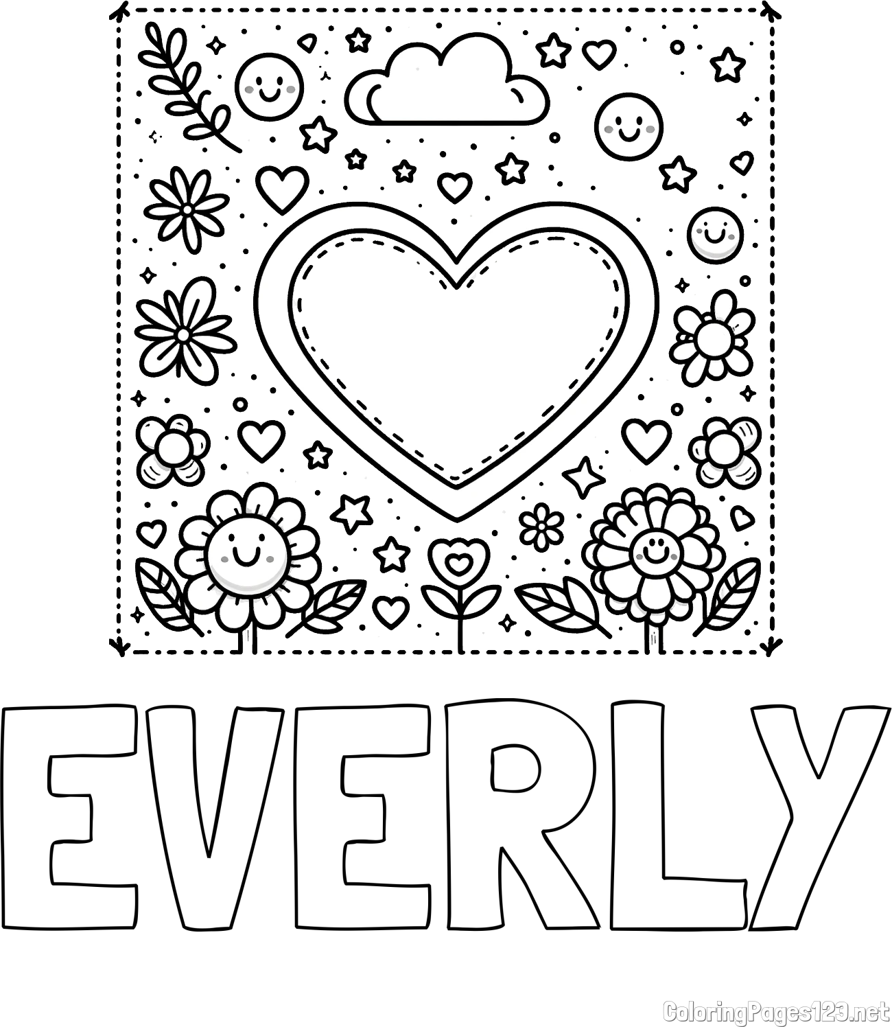 EVERLY Coloring Page and Free Printable Coloring Page of Heart and Flowers