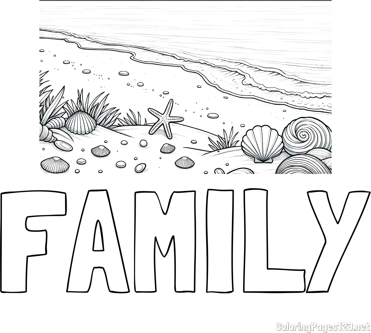 FAMILY Coloring Page and Beautiful Seashore Coloring Page
