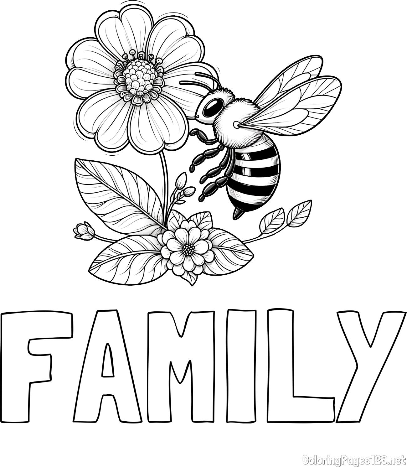 FAMILY Coloring Page and Children's Coloring Book of a Little Bee and Flowers