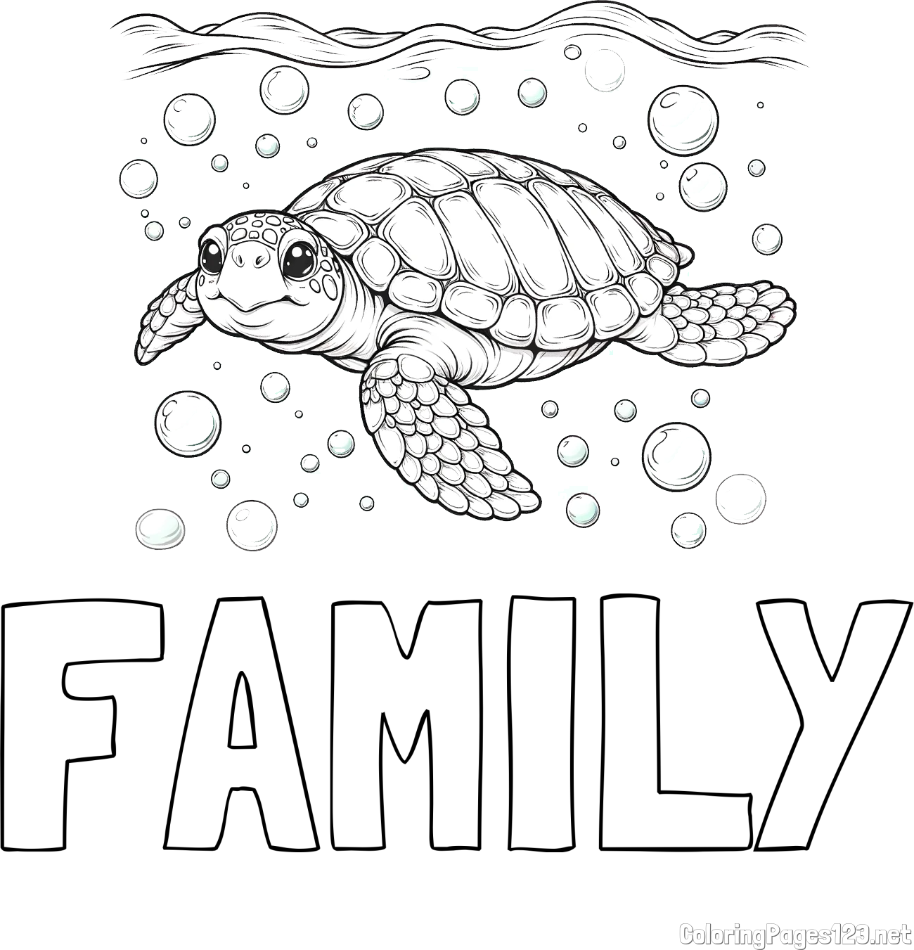 FAMILY Coloring Page and Coloring Page of a Sea Turtle Swimming in the Ocean