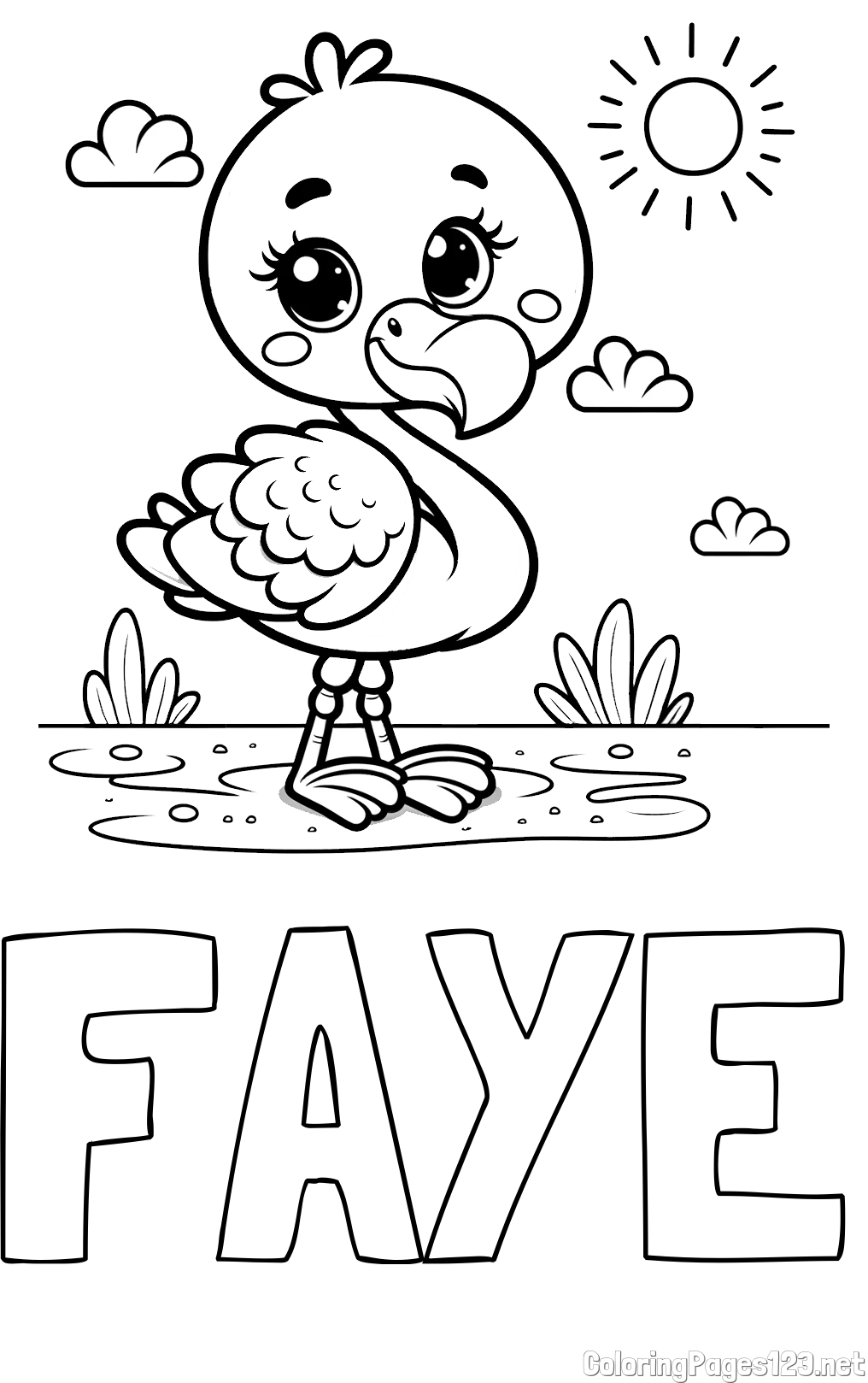 FAYE Coloring Page and Easy Coloring Page of a Cute Flamingo