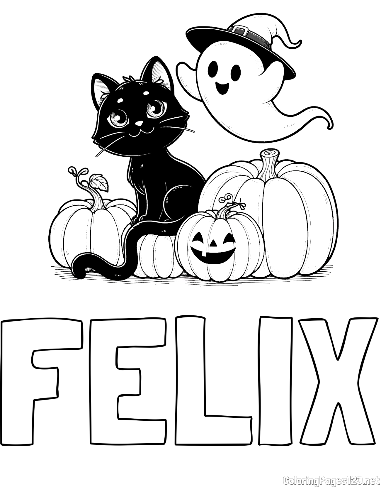 FELIX Coloring Page and Halloween Pumpkin Coloring Page for Kids - Happy Cat, Ghost, and Pumpkins