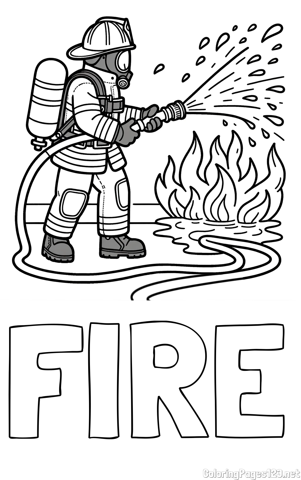 FIRE Coloring Page and A coloring page of a firefighter and a big fire