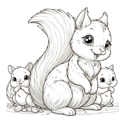 Free Printable Coloring Page of a Squirrel and Pups