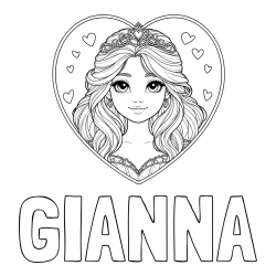 Online Created Coloring Page - GIANNA Coloring Page and Coloring Page of a Smiling Princess with Big Eyes in a Heart