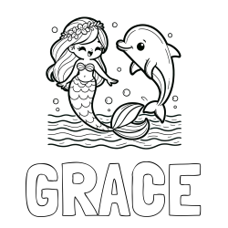 GRACE Coloring Page alongside Coloring Page of a Cute Mermaid Dancing with a Dolphin