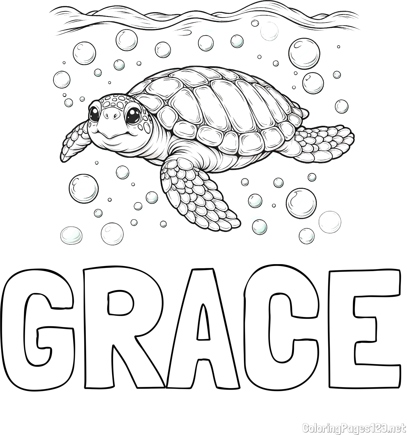GRACE Coloring Page and Coloring Page of a Sea Turtle Swimming in the Ocean