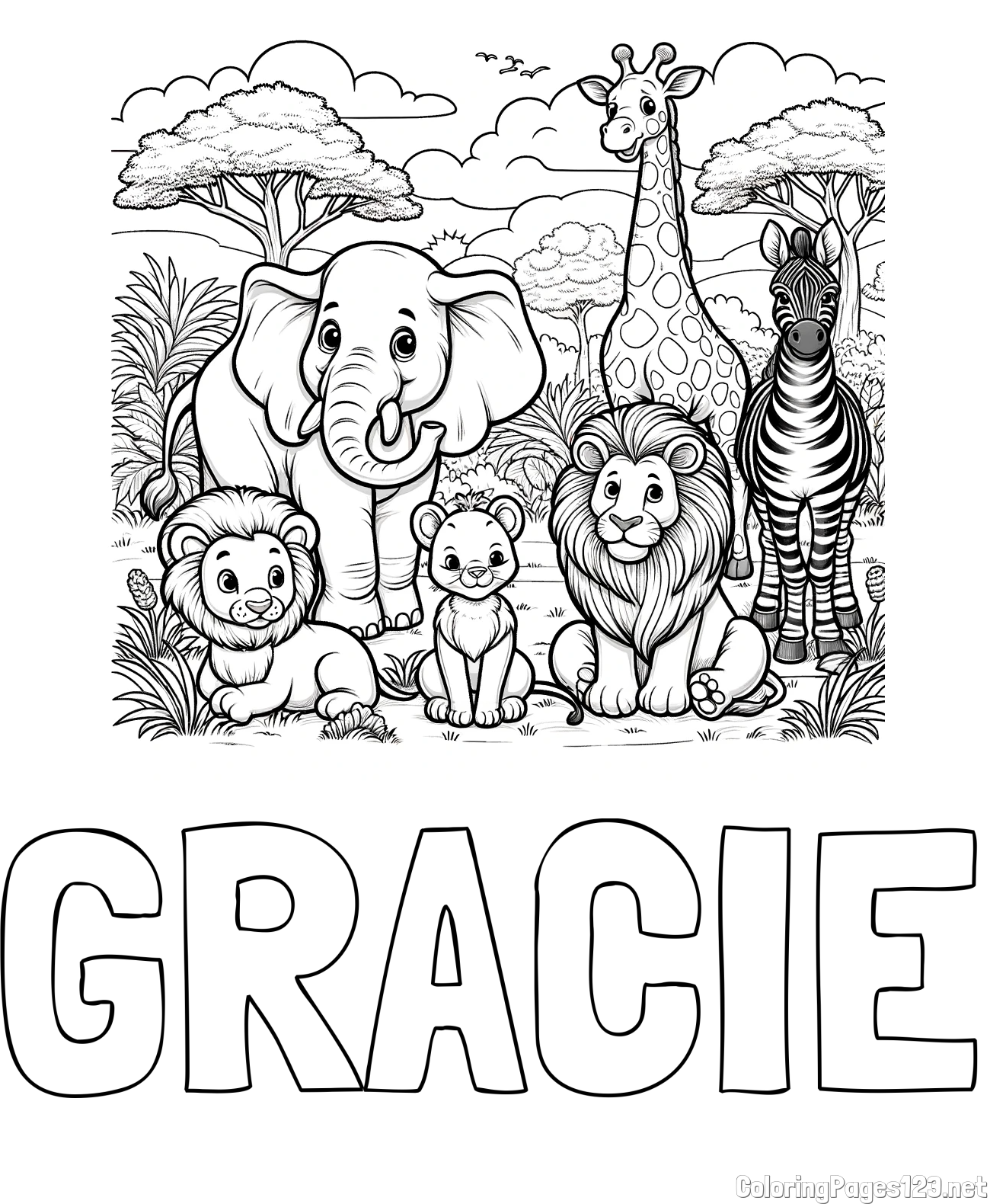 GRACIE Coloring Page and Beautiful Animal Coloring Page - Lion Family, Elephant, Giraffe, and Zebra