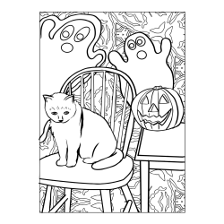 Halloween Coloring Page of a Cat with Pumpkin and Spooky Ghosts