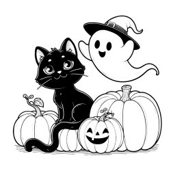 Halloween Pumpkin Coloring Page for Kids - Happy Cat, Ghost, and Pumpkins