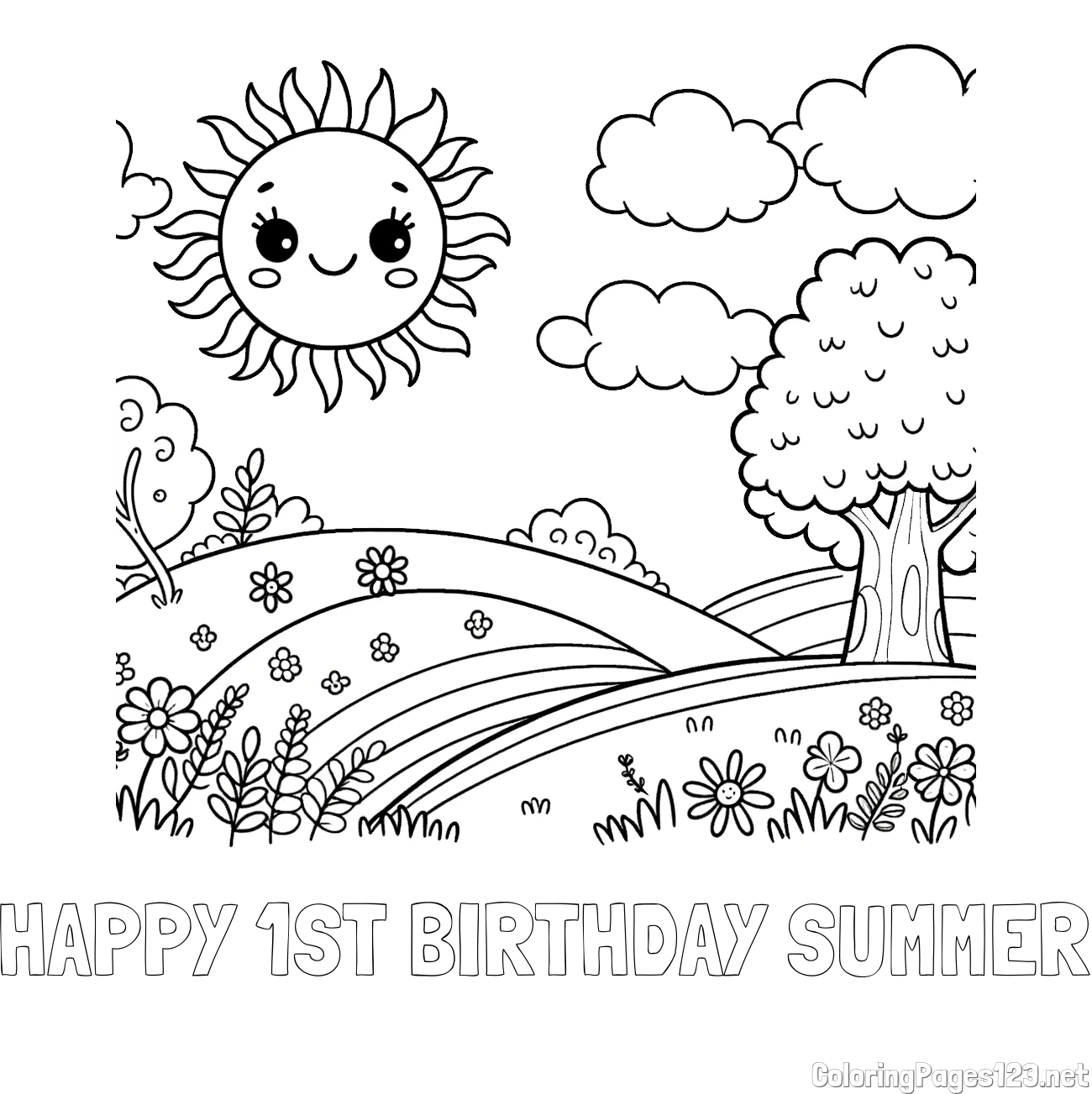 HAPPY 1ST BIRTHDAY SUMMER Coloring Page and Sunny Nature Coloring Page