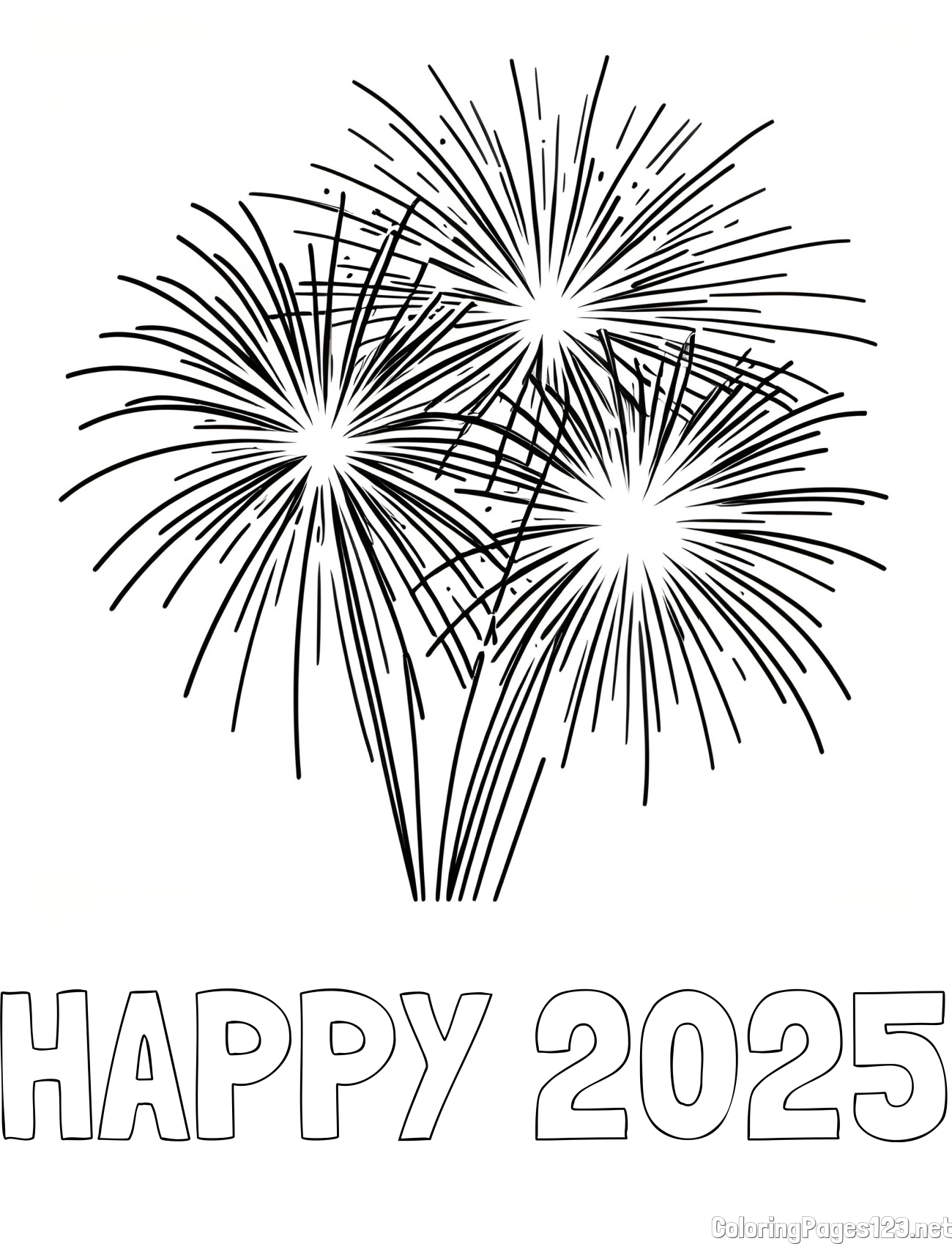 HAPPY 2025 Coloring Page alongside Beautiful Fireworks Coloring Page