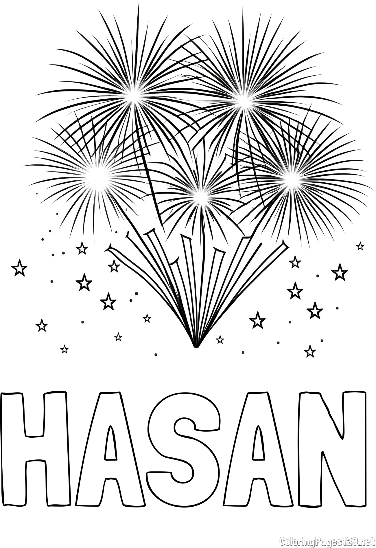 HASAN Coloring Page and Big Fireworks with Stars Coloring Page