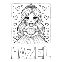 HAZEL Coloring Page alongside Coloring Page of a Princess Surrounded by Hearts