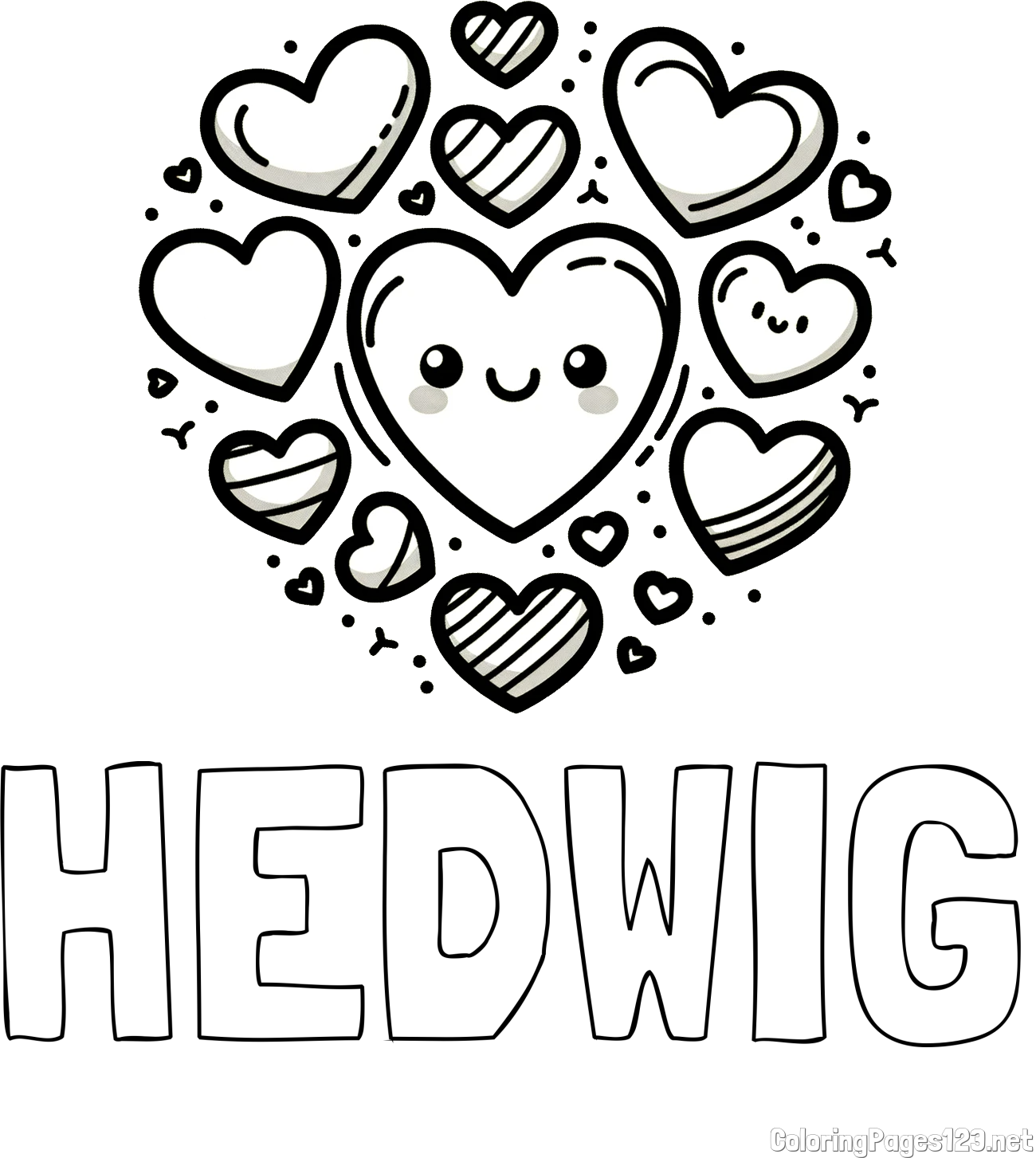 HEDWIG Coloring Page and Coloring Page of a Cute Cat Surrounded by Hearts