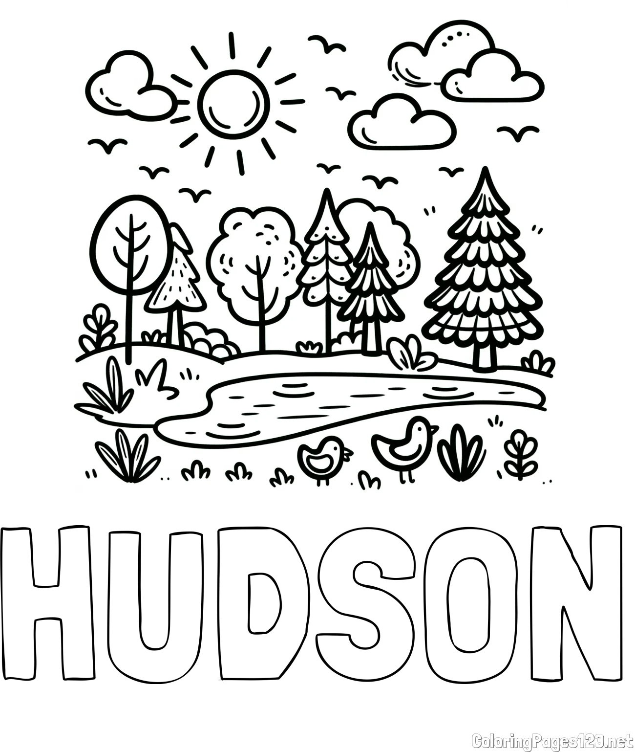 HUDSON Coloring Page and Summer Coloring Page - Pond, Ducks and Forest