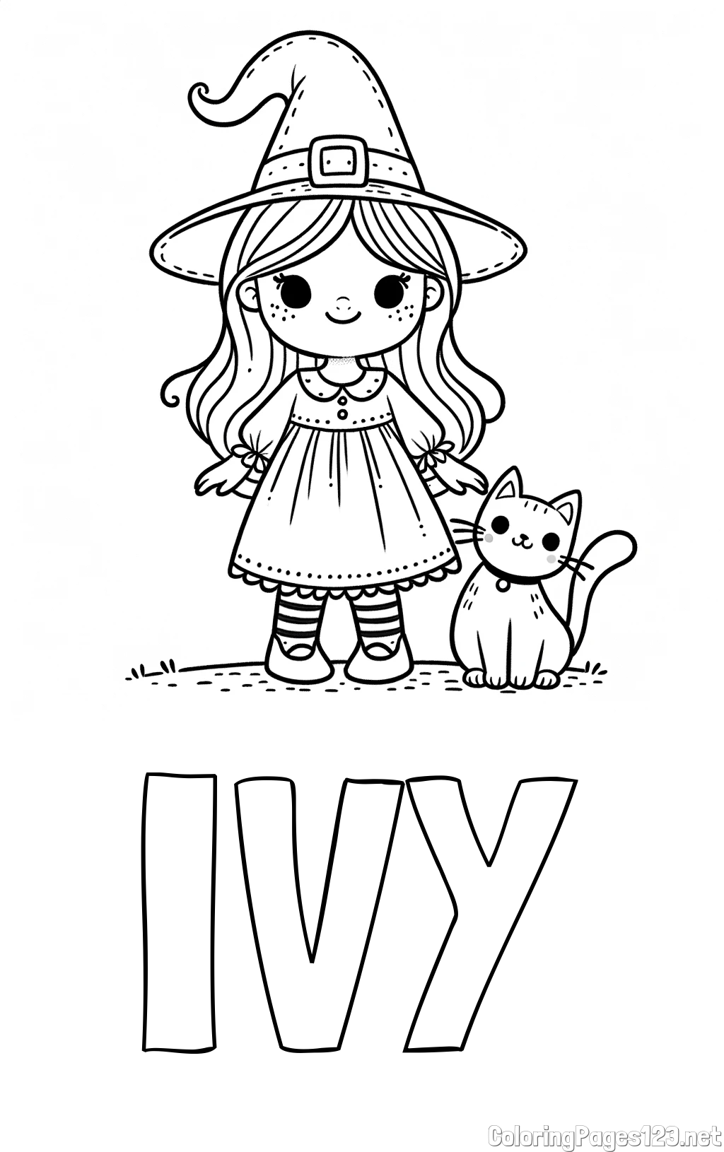 IVY Coloring Page and Wonderful Coloring Page of a Cute Witch and a Smiling Cat