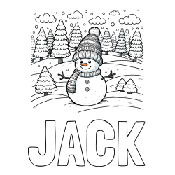 JACK Coloring Page alongside Coloring Page of a Snowman with Pine Trees in the Background