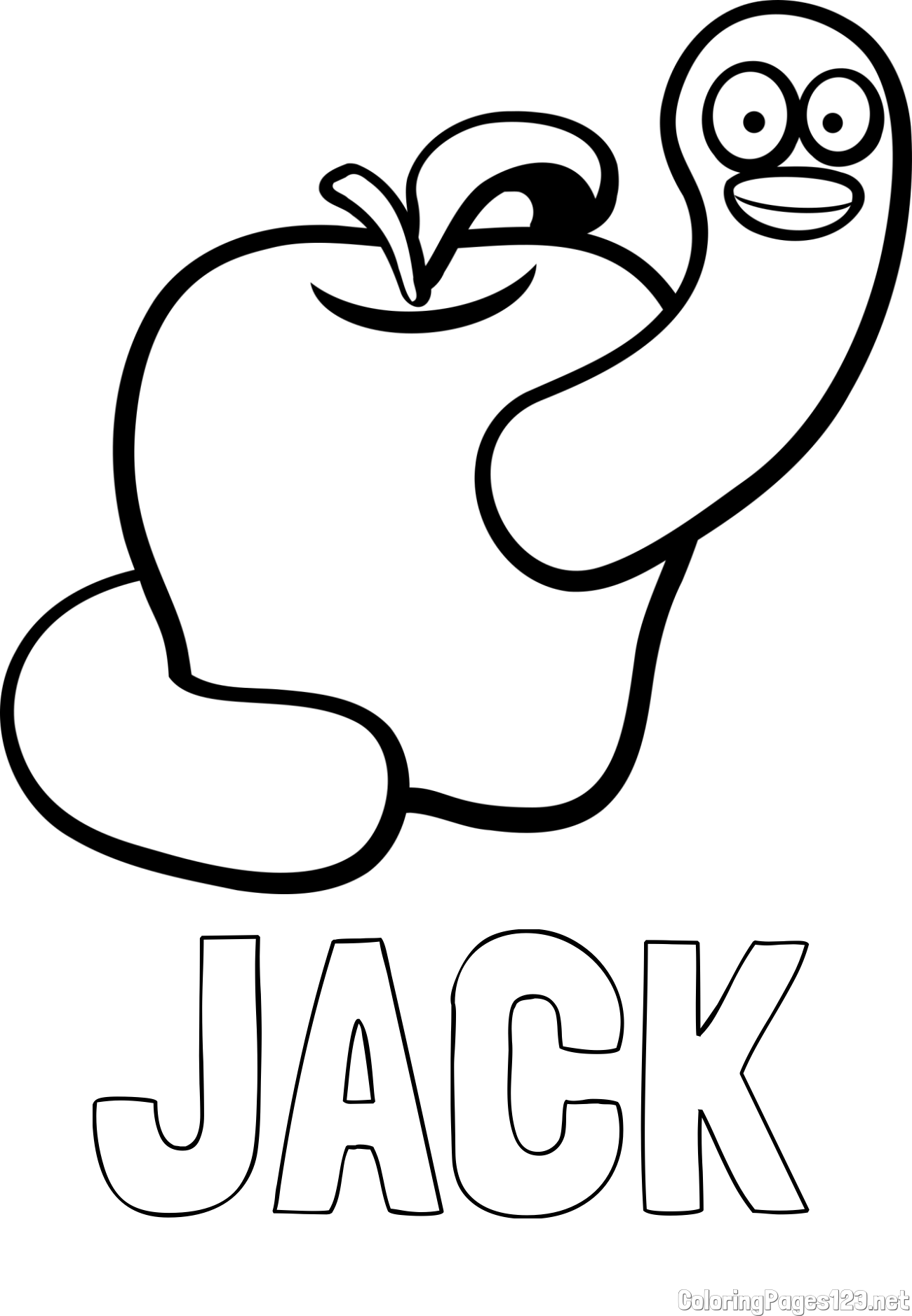 JACK Coloring Page and Apple and Smiling Worm Coloring Page