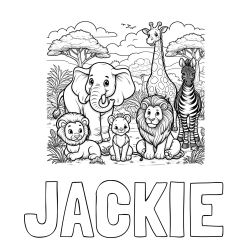 Online Created Coloring Page - JACKIE Coloring Page and Beautiful Animal Coloring Page - Lion Family, Elephant, Giraffe, and Zebra