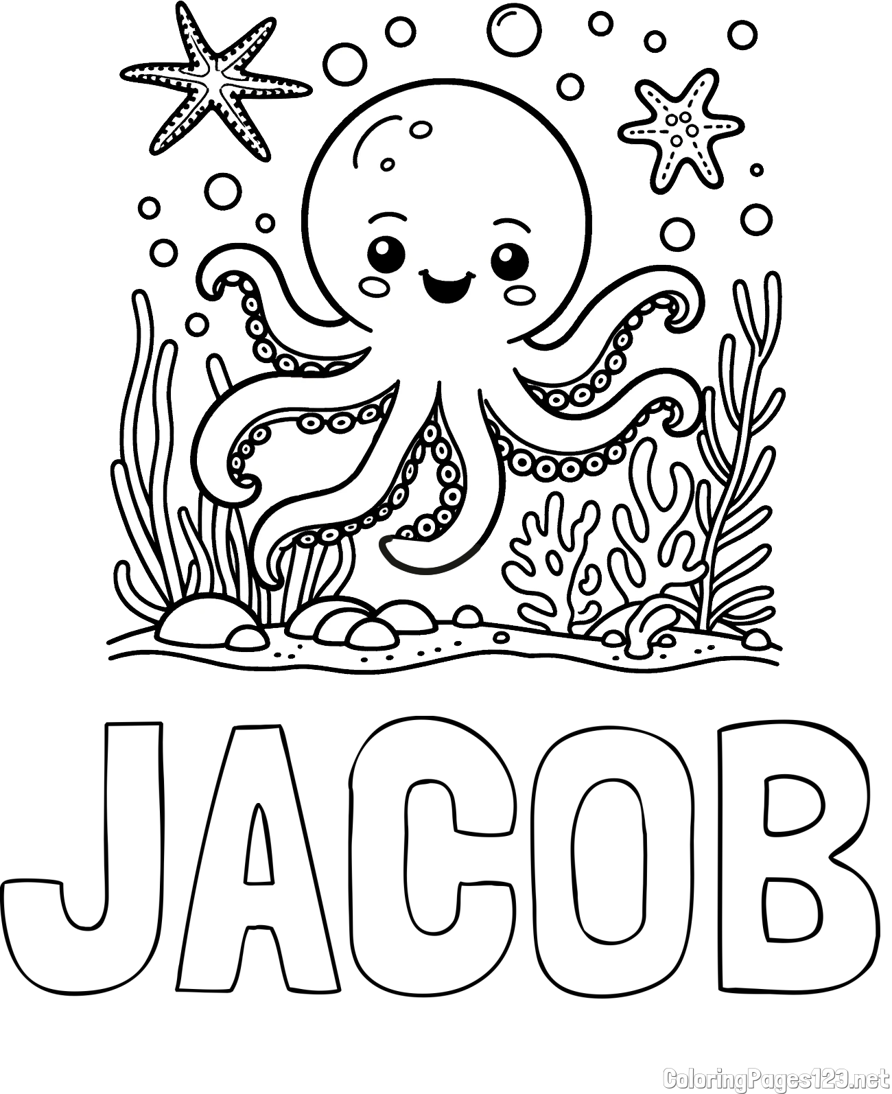 JACOB Coloring Page alongside Coloring Page of a Cute Octopus in the Ocean