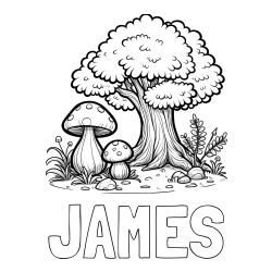 JAMES Coloring Page alongside Coloring Page of Two Mushrooms and a Big Tree