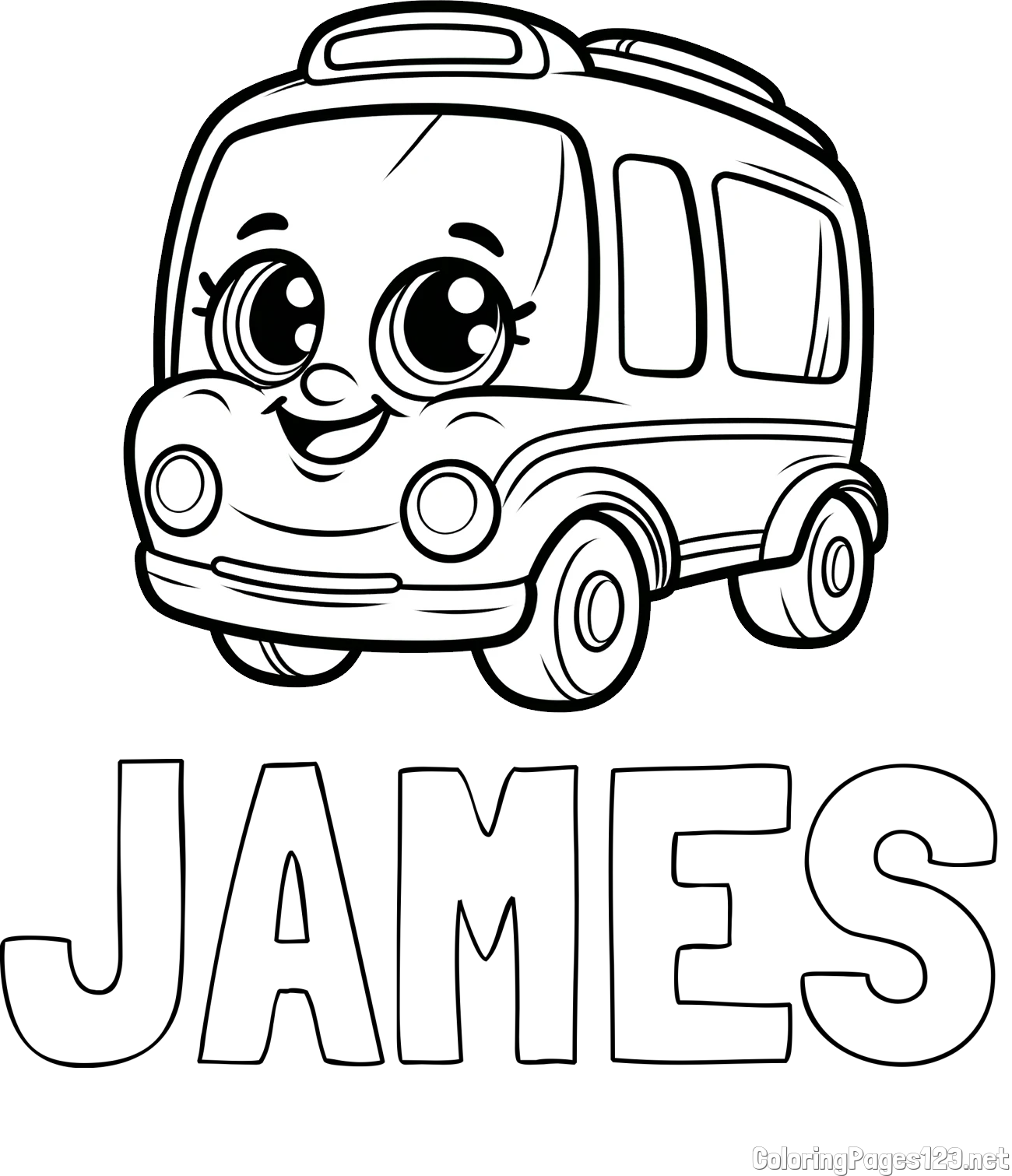 JAMES Coloring Page and Coloring Page of a Smiling Bus