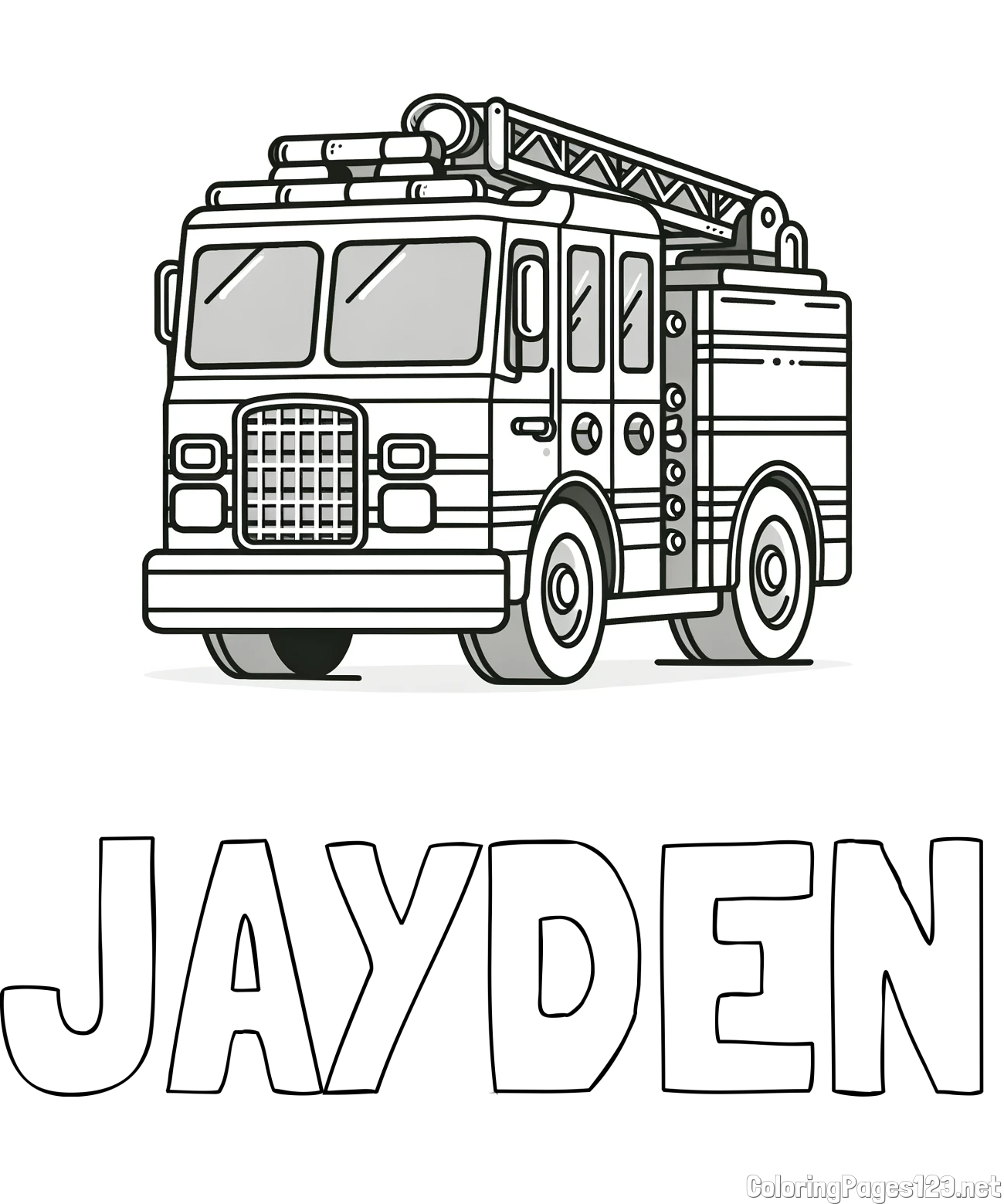 JAYDEN Coloring Page and Coloring Page of a Big Fire Truck