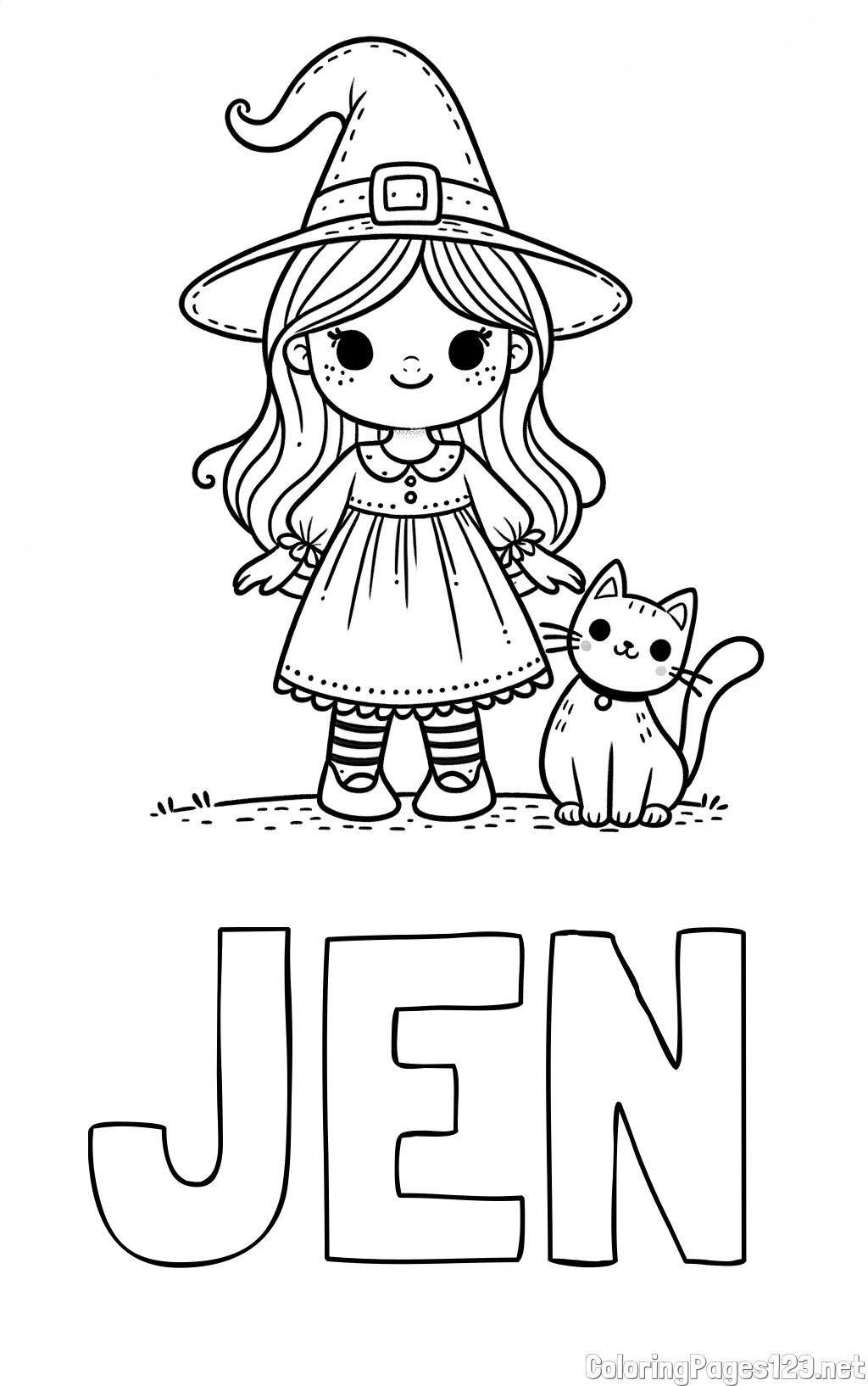 JEN Coloring Page and Wonderful Coloring Page of a Cute Witch and a Smiling Cat