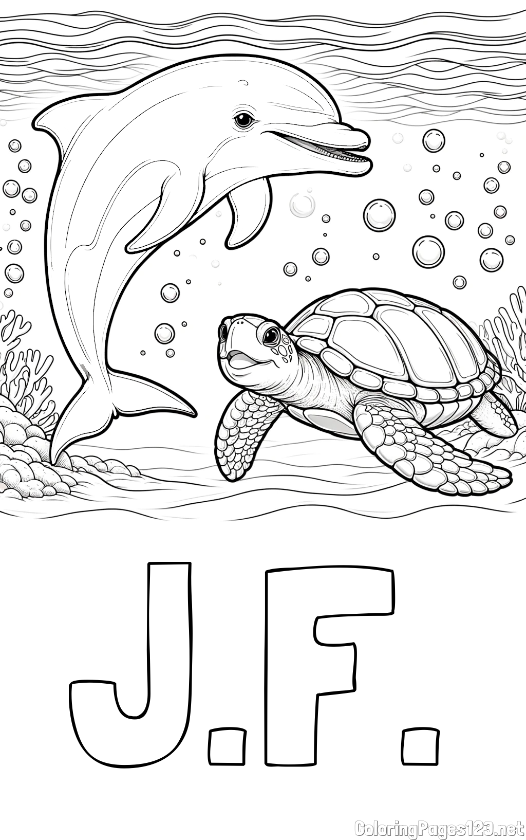 J.F. Coloring Page and Coloring Book of a Cute Dolphin and Its Turtle Friend"