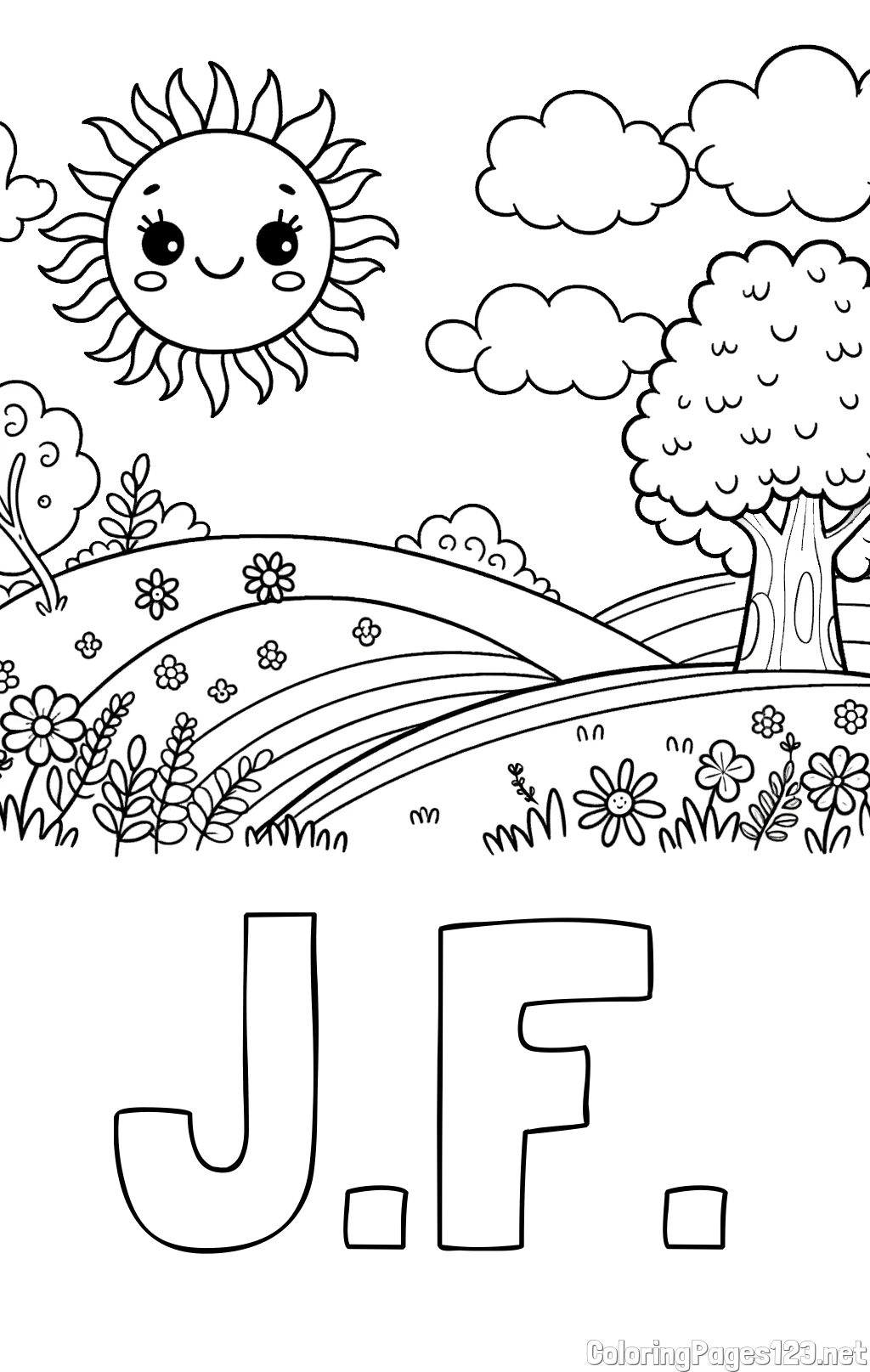 J.F. Coloring Page and Sunny Nature Coloring Page