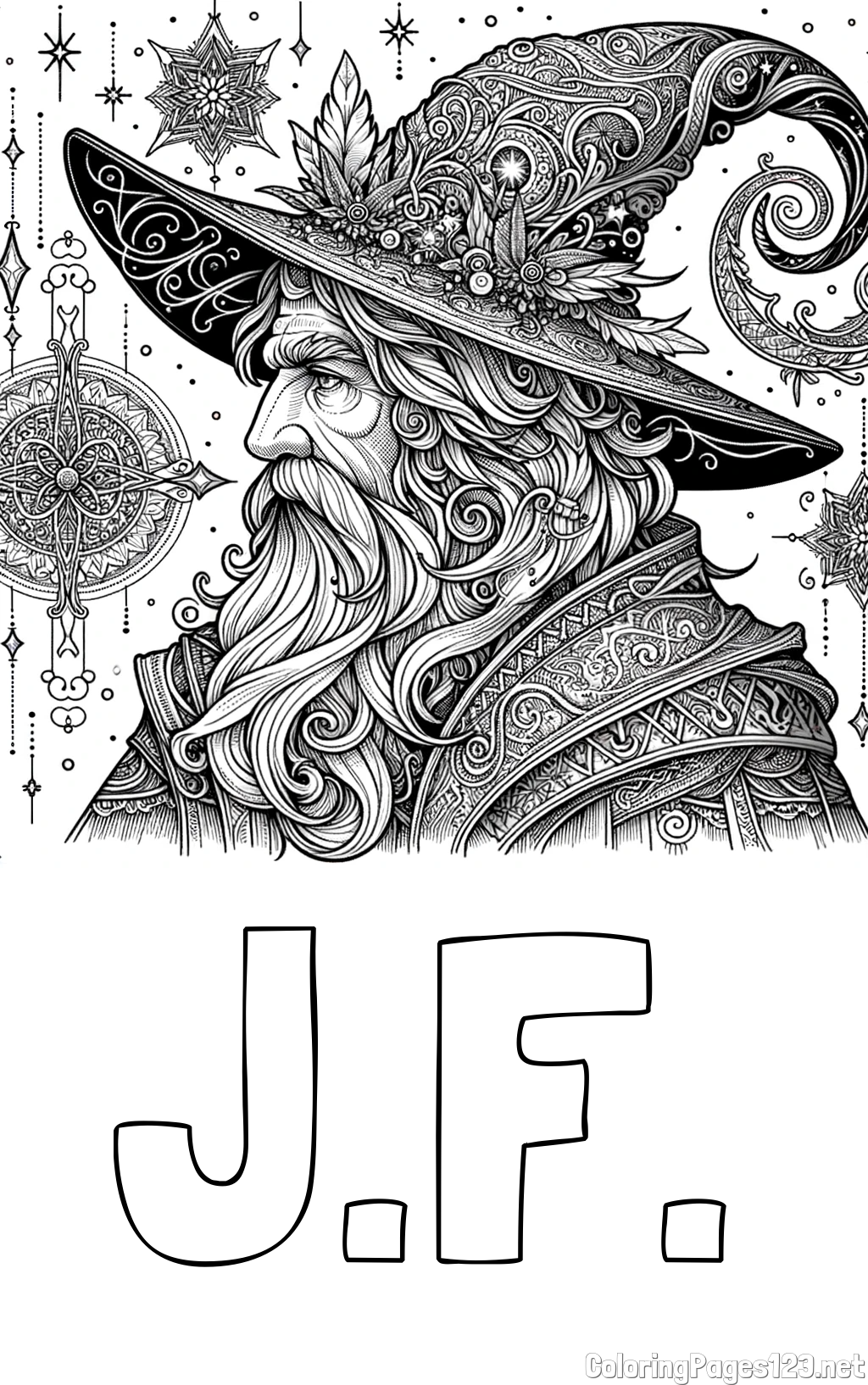 J.F. Coloring Page and Wonderful Coloring Page of a Wizard