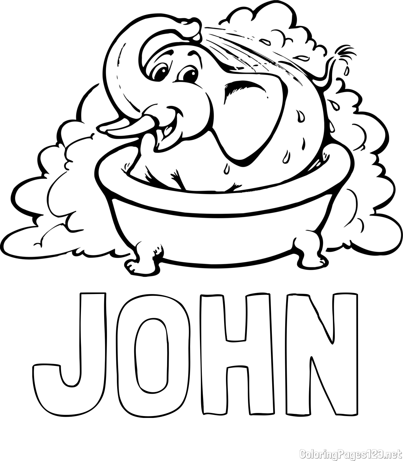 JOHN Coloring Page and Cute Elephant in a Bathtub Coloring Page for Kids