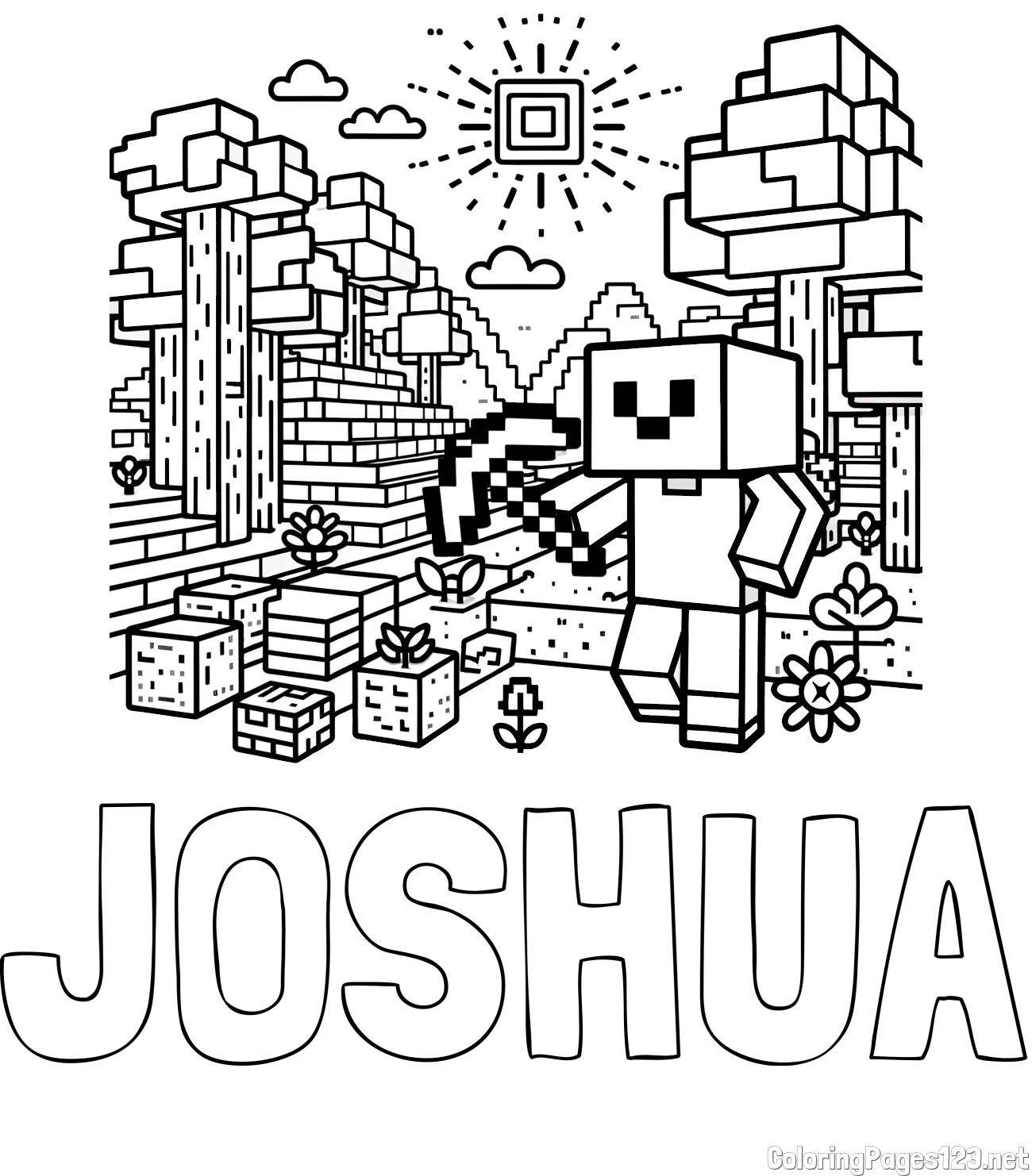 JOSHUA Coloring Page and Minecraft World Coloring Page