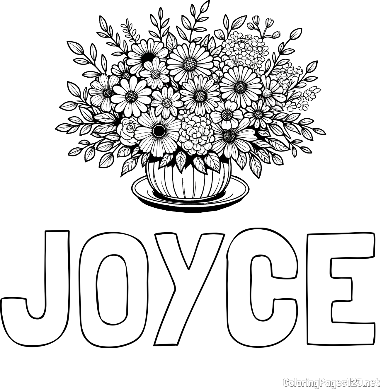 JOYCE Coloring Page and Beautiful Bouquet of Flowers Coloring Page