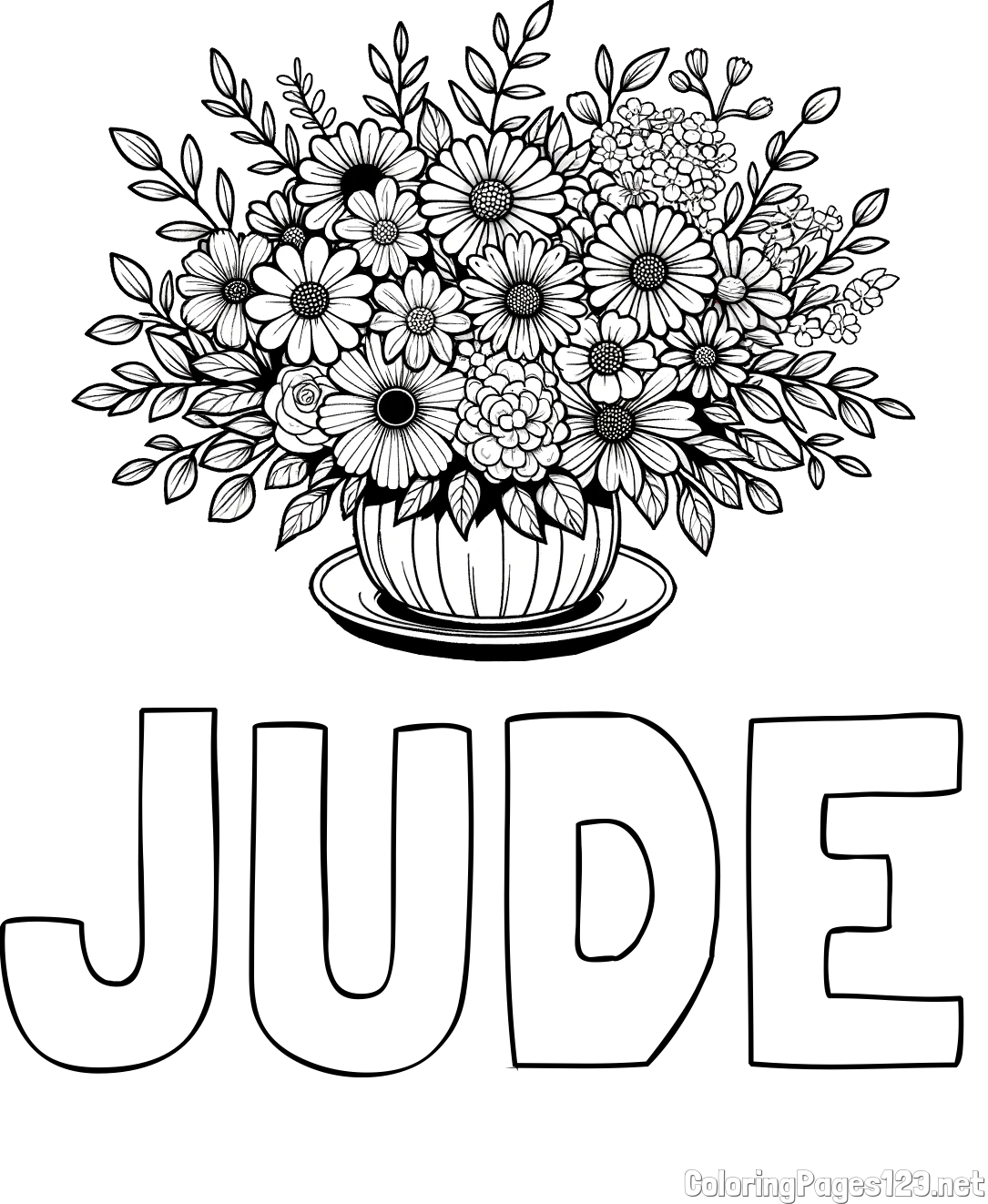 JUDE Coloring Page and Beautiful Bouquet of Flowers Coloring Page