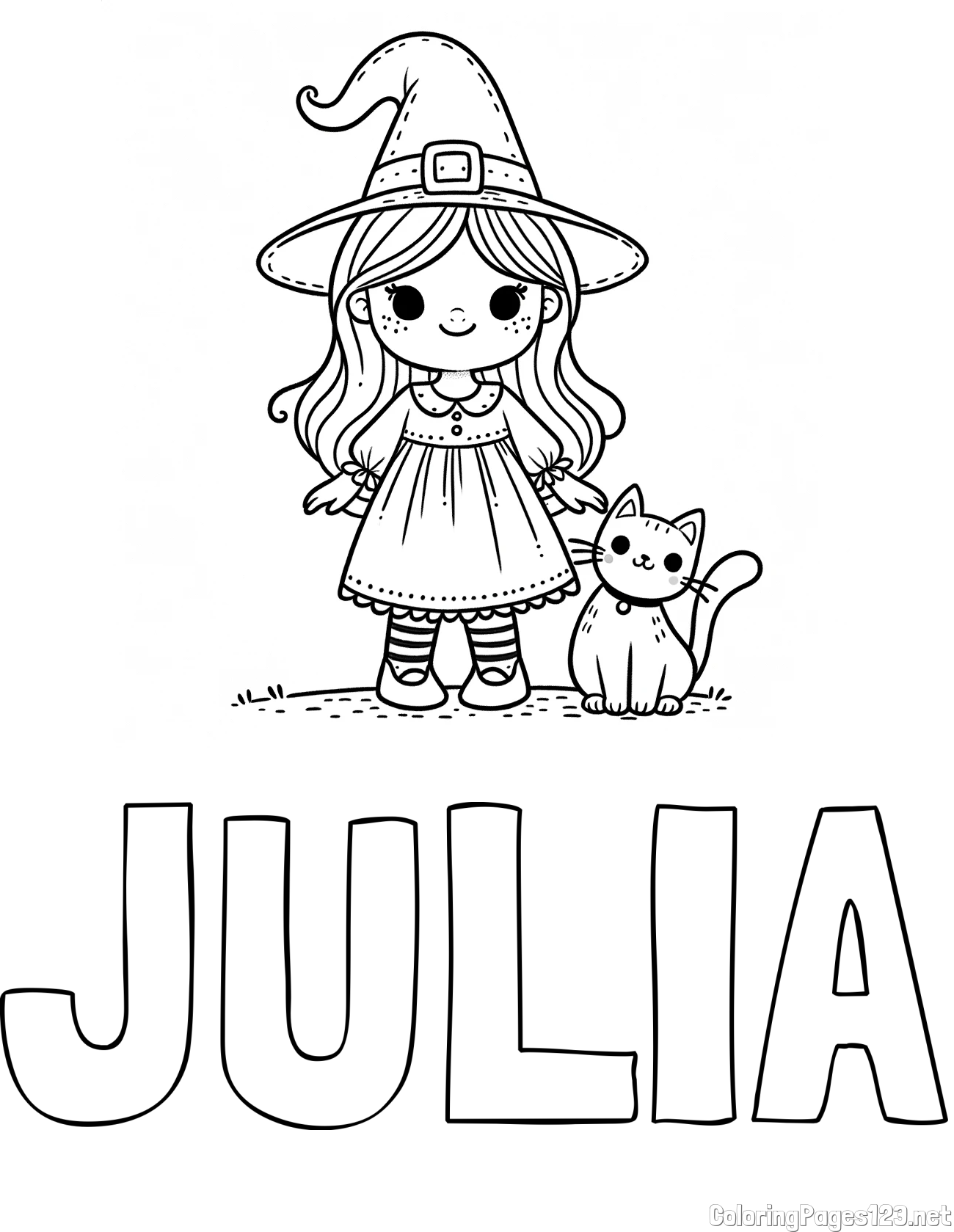 JULIA Coloring Page and Wonderful Coloring Page of a Cute Witch and a Smiling Cat