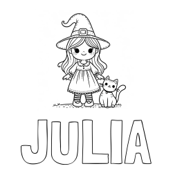 Online Created Coloring Page - JULIA Coloring Page and Wonderful Coloring Page of a Cute Witch and a Smiling Cat