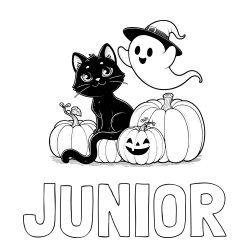 Online Created Coloring Page - JUNIOR Coloring Page and Halloween Pumpkin Coloring Page for Kids - Happy Cat, Ghost, and Pumpkins