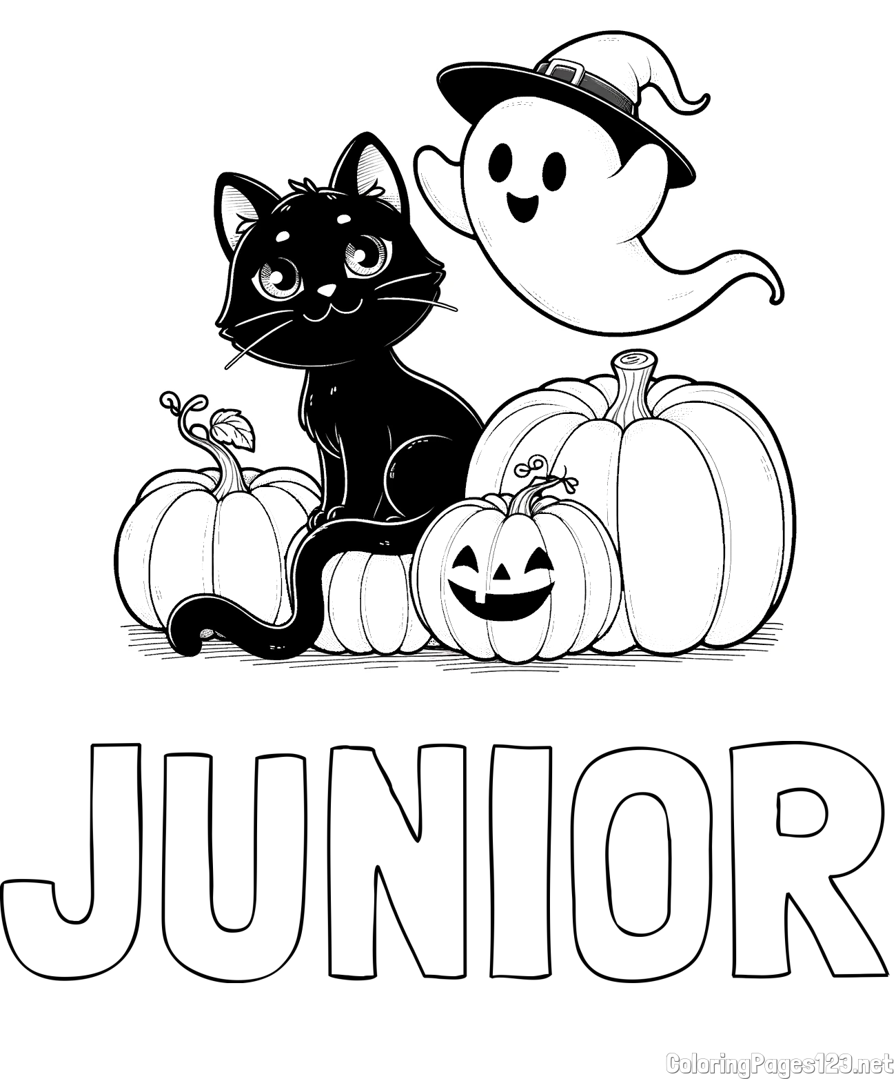 JUNIOR Coloring Page and Halloween Pumpkin Coloring Page for Kids - Happy Cat, Ghost, and Pumpkins