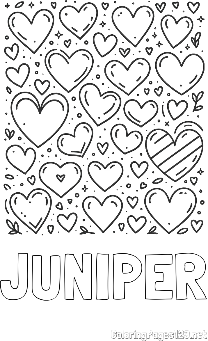 JUNIPER Coloring Page and Children's Coloring Page of Many Hearts