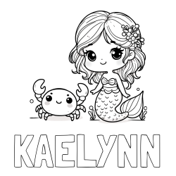 Online Created Coloring Page - KAELYNN Coloring Page and Coloring Page of a Cute Mermaid and a Cheerful Crab