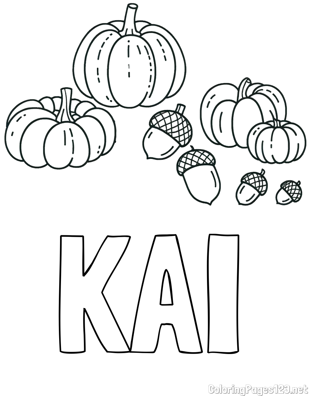 KAI Coloring Page and Autumn Harvest Coloring Page - Acorns and Pumpkins