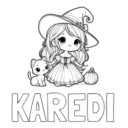 Online Created Coloring Page - KAREDI Coloring Page and Coloring Page of a Cute Witch and a Cat