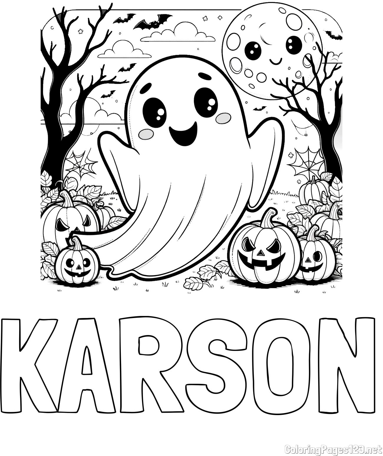 KARSON Coloring Page and Halloween Coloring Page of a Ghost with Pumpkins