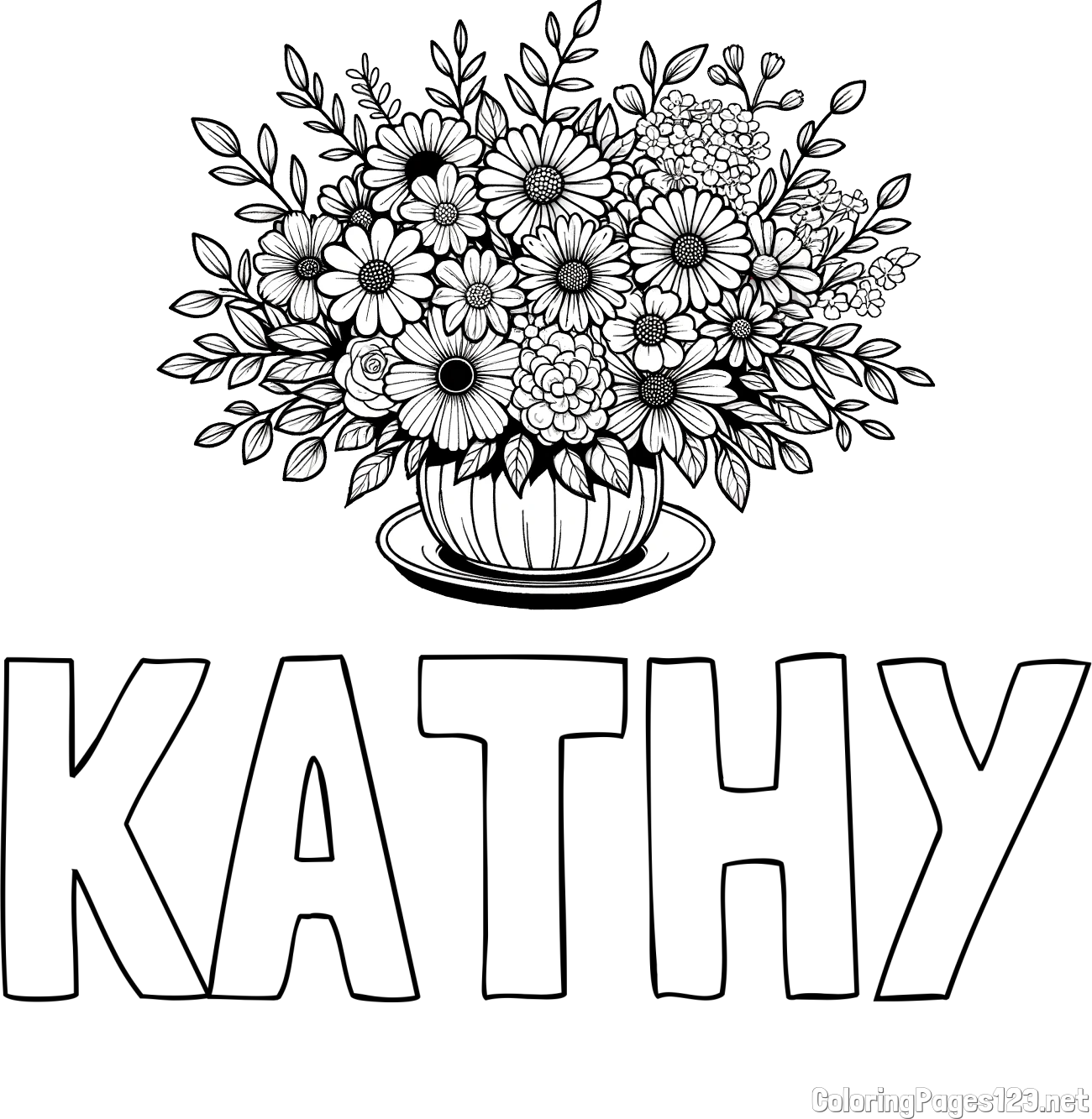 KATHY Coloring Page and Beautiful Bouquet of Flowers Coloring Page